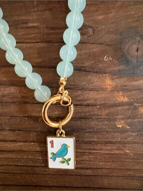 Beaded Blue Bird Charm Necklace - Gold Accent